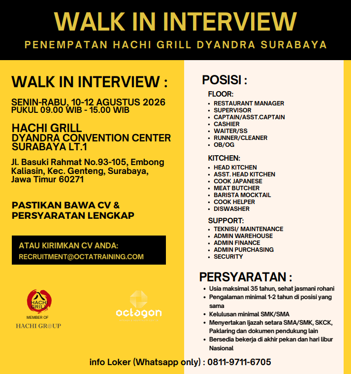 Poster Walk In Interview Hachi Grill Dyandra Surabaya